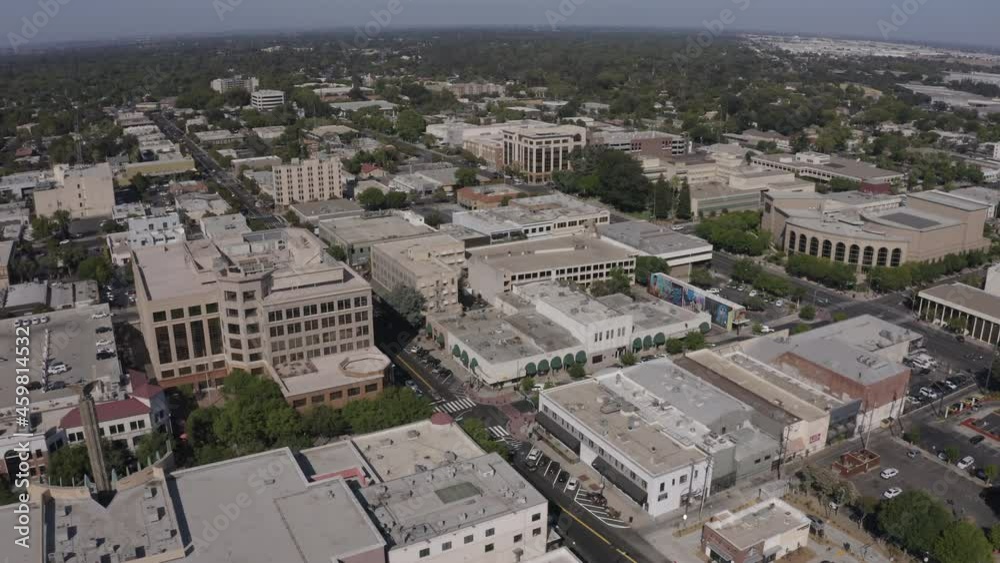 Afternoon aerial view of the urban downtown core of Modesto, California, USA. Afternoon aerial view of the urban downtown core of Modesto, California, USA.