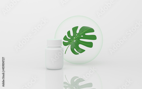 Monstera and bottle with white background, 3d rendering.