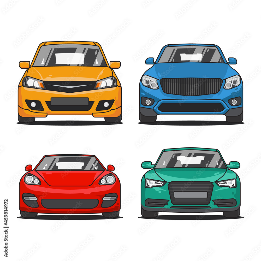Fototapeta premium Front view cars pack vector isolated on white background