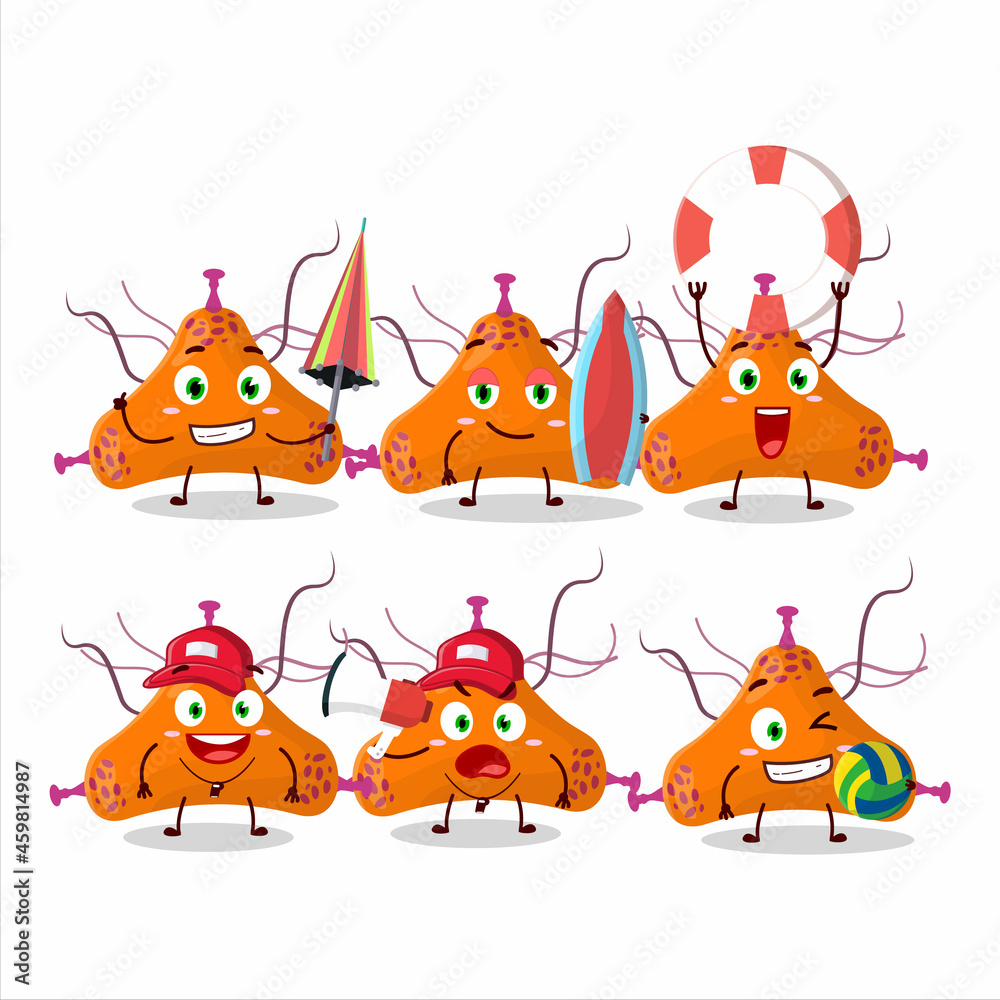 Happy Face bacteria virus cartoon character playing on a beach