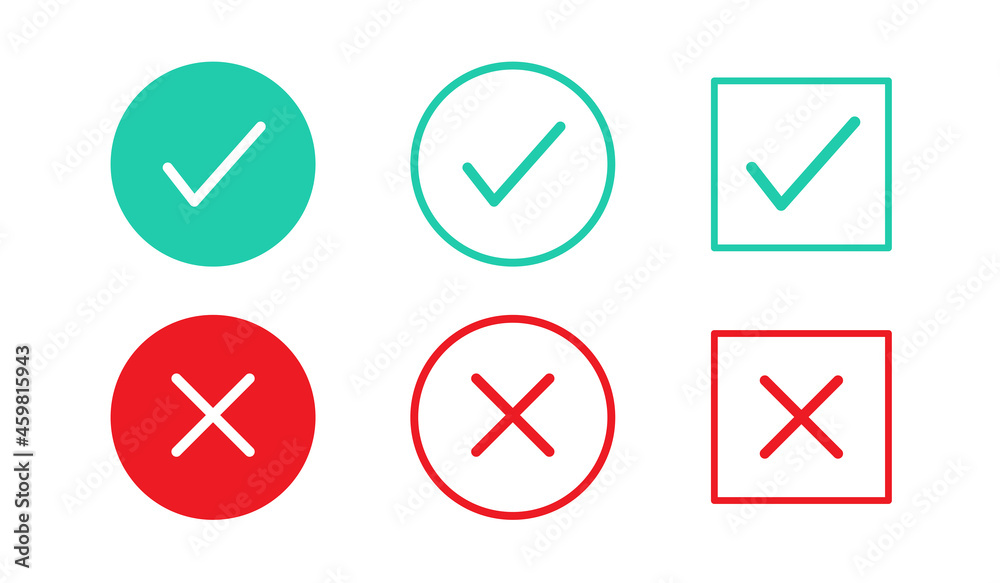 Green check mark and red cross icon. Set of True and false icons on white background. Vector illustration Green check mark and red cross icon. Set of True and false icons on white background. Vector illustration