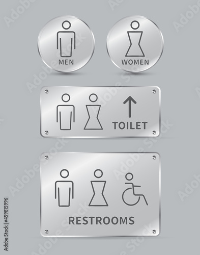 Set of toilet signs. Glass plates circle and square shape. Men and women restroom line icon. Disabled wheelchair icon. Vector illustration
