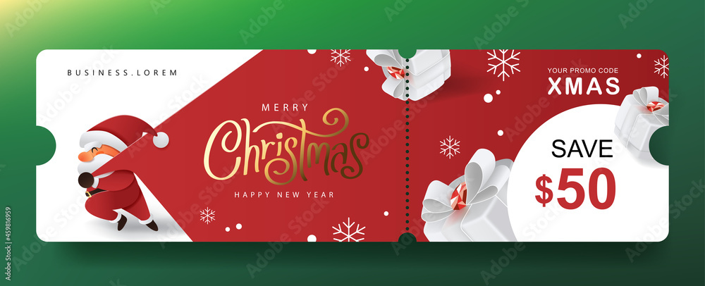 Merry Christmas Gift promotion Coupon banner with cute Santa Claus and festive decoration - obrazy, fototapety, plakaty 