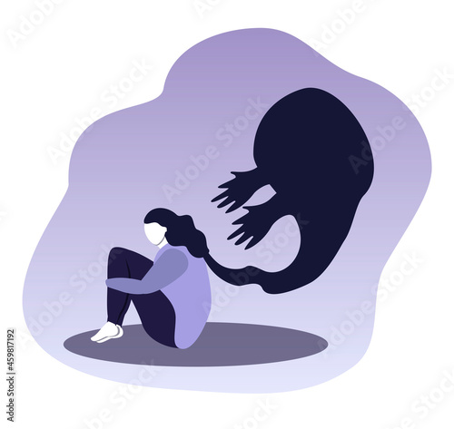 vector illustration on the theme of mental disorders, panic attack, fears. the girl sits, hugging her knees, a monster is born from her head, which pulls hands to her. trend illustration in flat style