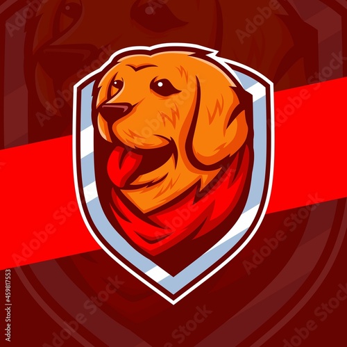 golden retriever dog mascot character logo design with badges and bandana