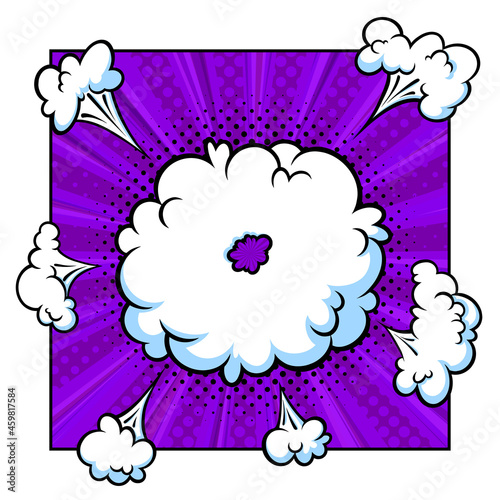 Surprising boom cloud in halftone background for sales and promotions. Violet banner template for surprises and bursting events. Vector illustration in pop art style