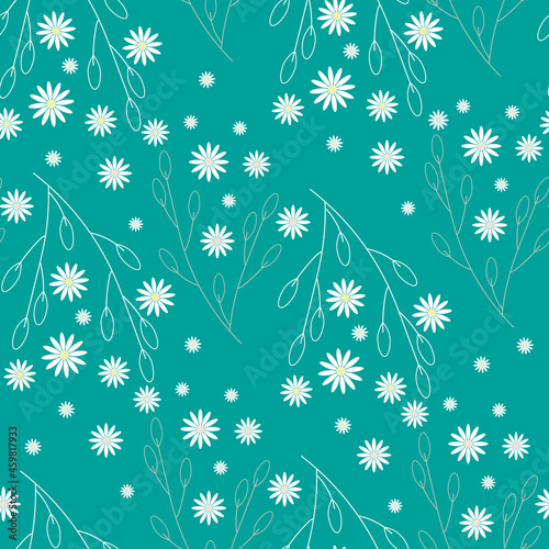 Chamomile seamless pattern. Flower background with white daisies on green. Pattern for textiles, fabrics, bed linen, wallpaper. Decorative floral print for design with chamomile and daisies. Vector