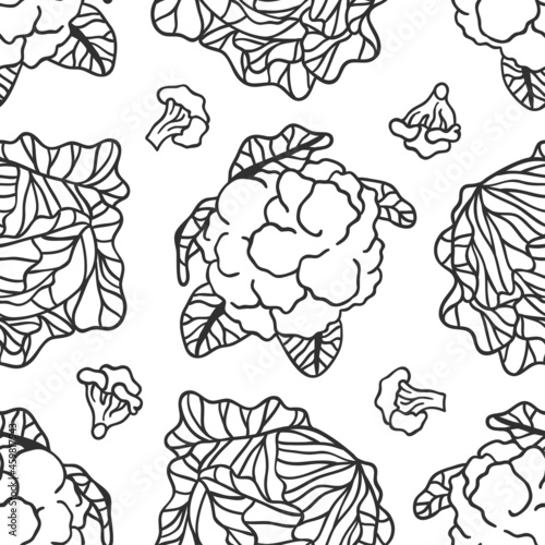 Doodle cabbage seamless pattern. Hand drawn stylish fruit and vegetable. Vector artistic drawing fresh organic food. Summer illustration vegan ingrediens for smoothies