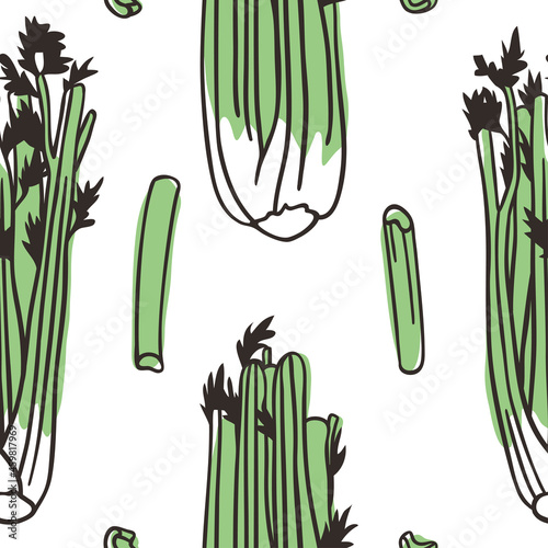 Doodle seamless pattern celery. Hand drawn stylish fruit and vegetable. Vector artistic drawing fresh organic food. Summer illustration vegan ingrediens for smoothies