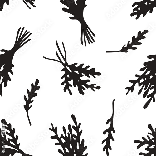 Doodle arugula seamless pattern. Hand drawn stylish fruit and vegetable. Vector artistic drawing fresh organic food. Summer illustration vegan ingrediens for smoothies