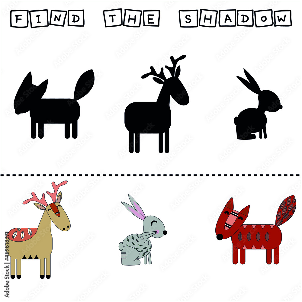 Find a pair or shadow  game with funny deer, rabbits, fox., bird.  Worksheet for preschool kids, kids activity sheet, printable worksheet