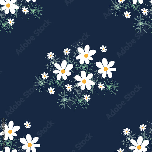 Chamomile seamless pattern. Flower background with white daisies on blue. Pattern for textiles, fabrics, bed linen, wallpaper. Decorative floral print for design with chamomile and daisies. Vector