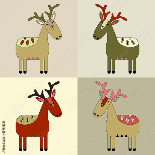 Set of vector brown  cute  deer on  beige isolated background. Animal set.