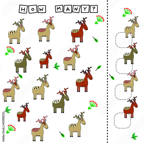 Fototapeta Naklejka Na Ścianę i Meble -  How many counting game with funny  deer. Worksheet for preschool kids, kids activity sheet, printable worksheet