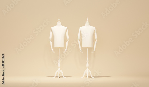 Luxury vintage mannequin , clothing mannequin on beige and cream background. Minimal concept idea creative. 3d rendering, store and studio concept

