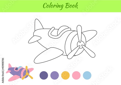 Coloring page airplane for children. Educational activity page for preschool years kids and toddlers with transport. Printable worksheet. Cartoon colorful vector illustration.