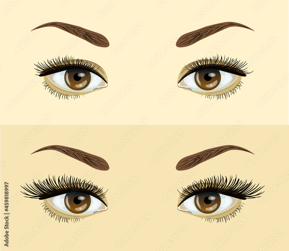 eyelashes extension. . Before and after effect. Beauty open eye with short and long eyelashes Vector illustration.