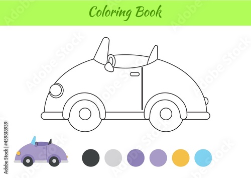 Coloring book car for children. Educational activity page for preschool years kids and toddlers with transport. Printable worksheet. Cartoon colorful vector illustration.