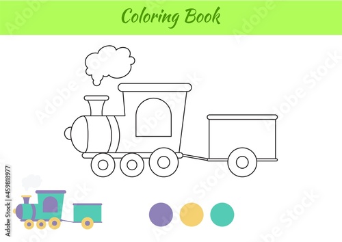 Coloring book train for children. Educational activity page for preschool years kids and toddlers with transport. Printable worksheet. Cartoon colorful vector illustration.