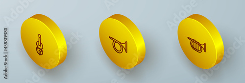 Set Isometric line Violin, Trumpet and icon. Vector