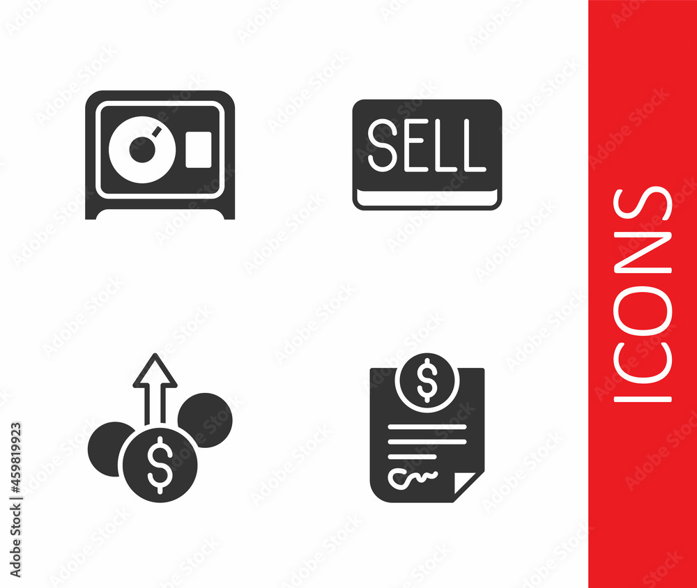 Set Contract money, Safe, Financial growth dollar and Sell button icon. Vector