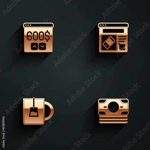 Set Monitor with dollar, Online shopping screen, Cup of tea and Stacks paper money cash icon with long shadow. Vector