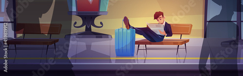 Business man on railway station waiting train, boring male character read newspaper with legs lying on suitcase at railroad platform with benches in passengers area, Cartoon vector illustration