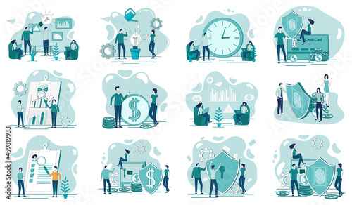 Business investments, secure banking,biometric access, electronic payments.A set of flat icons vector illustrations on the topic of business and technology.