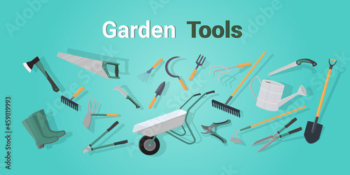 Signboard Garden tools.Shovel, rake,hoe, pruning shears, garden scissors, garden wheelbarrow, watering can, rubber boots, hacksaws and axes.