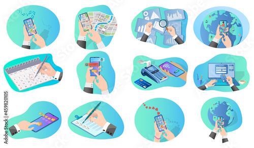 Smartphone use,social networks,bank registration,electronic payments,video conference,business analytics.A set of isometric icons vector illustrations on the topic of business and technology.