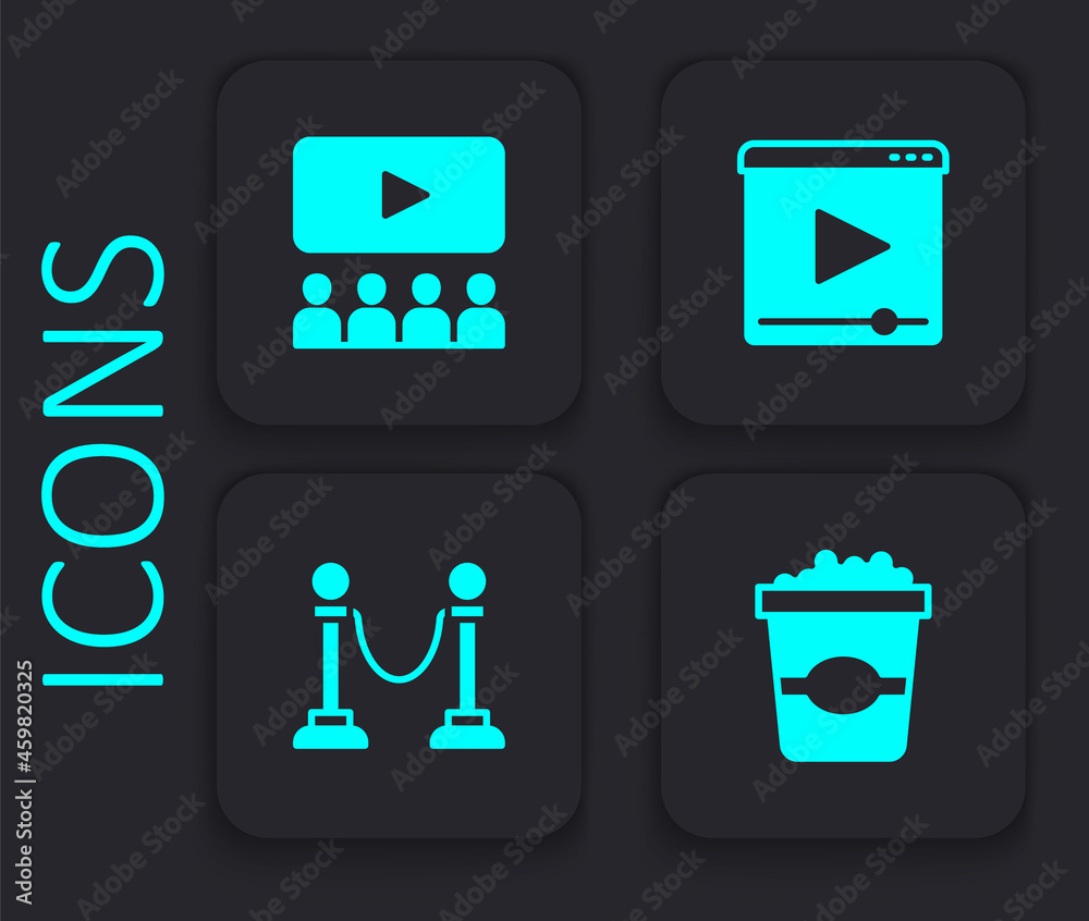 Set Popcorn in cardboard box, Cinema auditorium with screen, Online play video and Rope barrier icon. Black square button. Vector Set Popcorn in cardboard box, Cinema auditorium with screen, Online play video and Rope barrier icon. Black square button. Vector