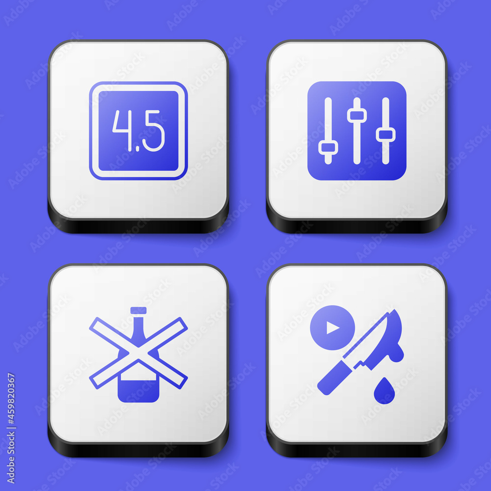 Set Rating movie, Sound mixer controller, No alcohol and Thriller icon. White square button. Vector Set Rating movie, Sound mixer controller, No alcohol and Thriller icon. White square button. Vector