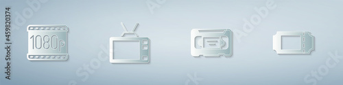 Set Full HD 1080p, Retro tv, VHS video cassette tape and Cinema ticket. Paper art style. Vector