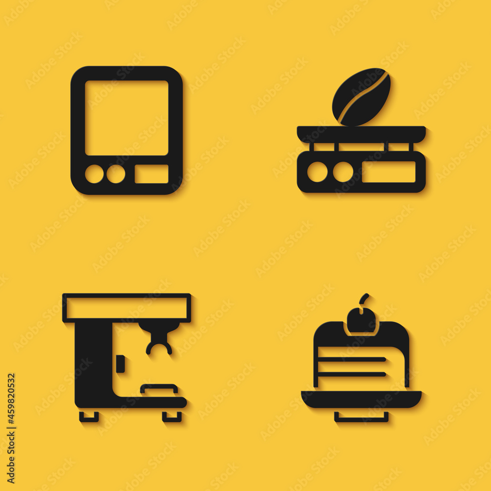 Set Electronic coffee scales, Piece cake, Coffee machine and icon with long shadow. Vector Set Electronic coffee scales, Piece cake, Coffee machine and icon with long shadow. Vector