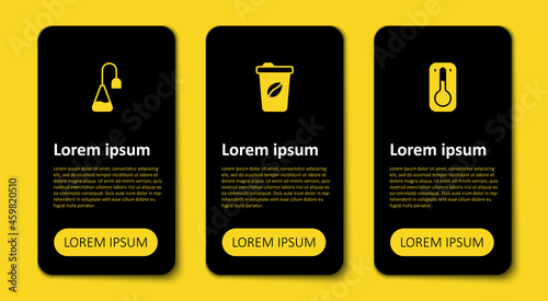 Set Coffee thermometer, cup to go and Tea bag. Business infographic template. Vector
