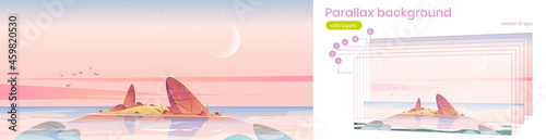 Parallax background sunrise in ocean, pink sky with crescent moon at sea shallow with rocks in water. Beautiful view, nature 2d landscape for game with separated on layers, Cartoon vector illustration