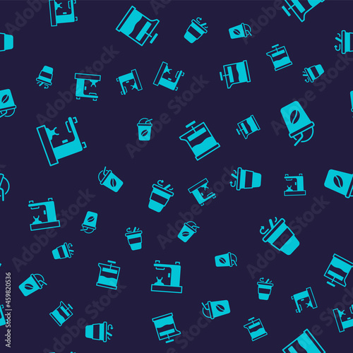 Set Coffee machine, Iced coffee, French press and cup to go on seamless pattern. Vector