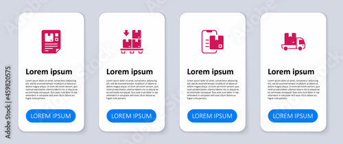 Set Delivery cargo truck, Document tracking marker, Cardboard boxes on pallet and Waybill. Business infographic template. Vector