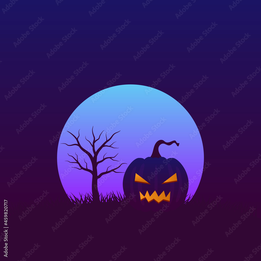 Halloween night background with copy space. frightening pumpkin and bare tree in the dark with full moon