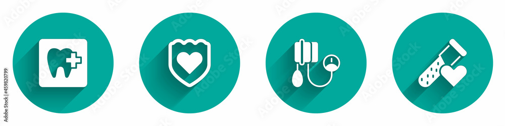 Set Dental clinic location, Immune system, Blood pressure and Test tube with blood icon with long shadow. Vector Set Dental clinic location, Immune system, Blood pressure and Test tube with blood icon with long shadow. Vector