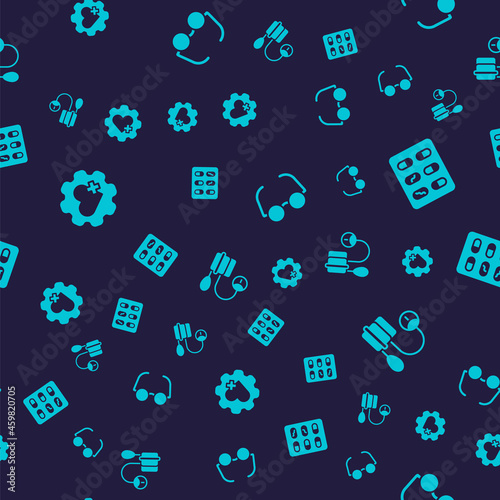 Set Heart with cross, Pills in blister pack, Glasses and Blood pressure on seamless pattern. Vector