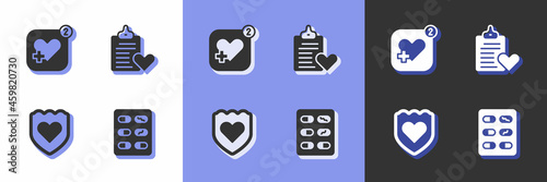 Set Pills in blister pack, Mobile with heart rate, Immune system and Patient record icon. Vector