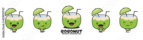 cute coconut mascot, natural drink cartoon illustration, with different facial expressions and poses