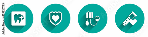 Set Dental clinic location, Immune system, Blood pressure and Test tube with blood icon with long shadow. Vector