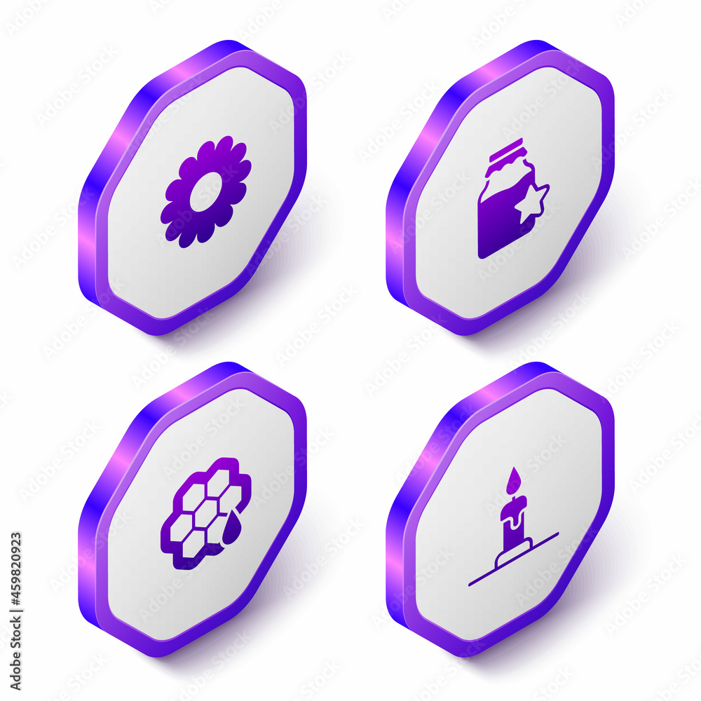 Set Isometric Flower, Jar of honey, Honeycomb and Burning candle icon. Purple hexagon button. Vector Set Isometric Flower, Jar of honey, Honeycomb and Burning candle icon. Purple hexagon button. Vector