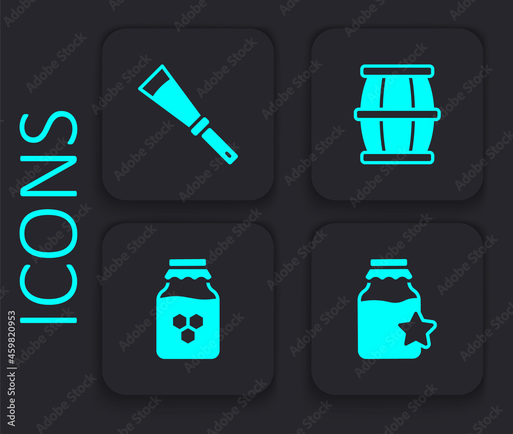 Set Jar of honey, Beekeeping knife, Wooden barrel with and icon. Black square button. Vector Set Jar of honey, Beekeeping knife, Wooden barrel with and icon. Black square button. Vector