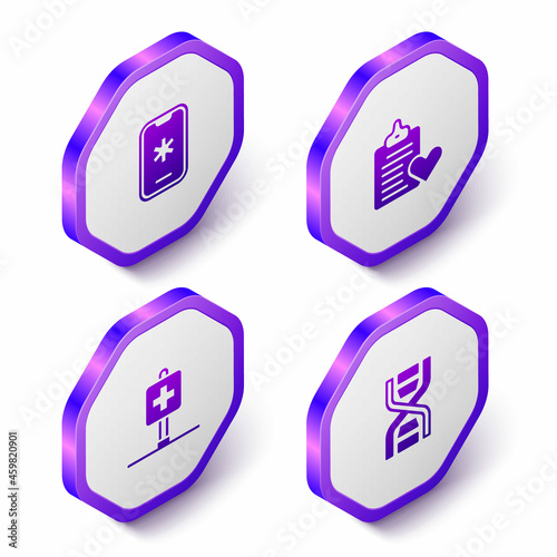 Set Isometric Emergency call 911, Patient record, Location hospital and DNA symbol icon. Purple hexagon button. Vector