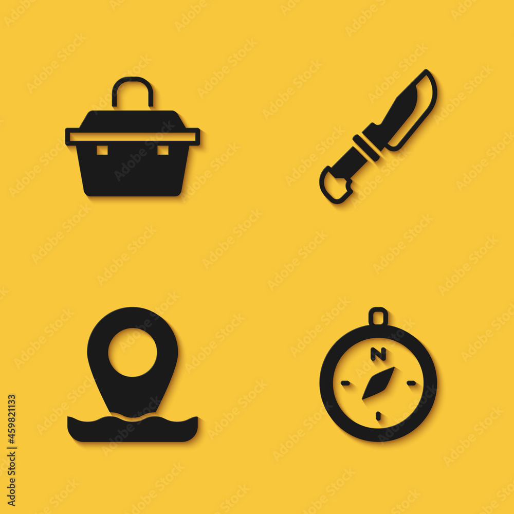 Set Case or box for fishing equipment, Compass, Location and Knife icon with long shadow. Vector Set Case or box for fishing equipment, Compass, Location and Knife icon with long shadow. Vector