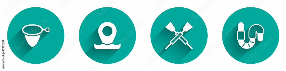 Set Fishing net, Location fishing, Crossed oars or paddles boat and Worm icon with long shadow. Vector Set Fishing net, Location fishing, Crossed oars or paddles boat and Worm icon with long shadow. Vector