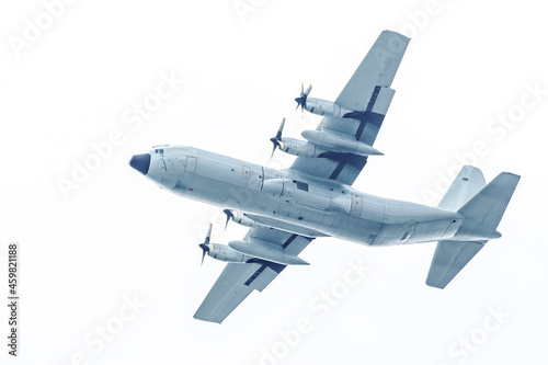 Military transport aircraft on white background